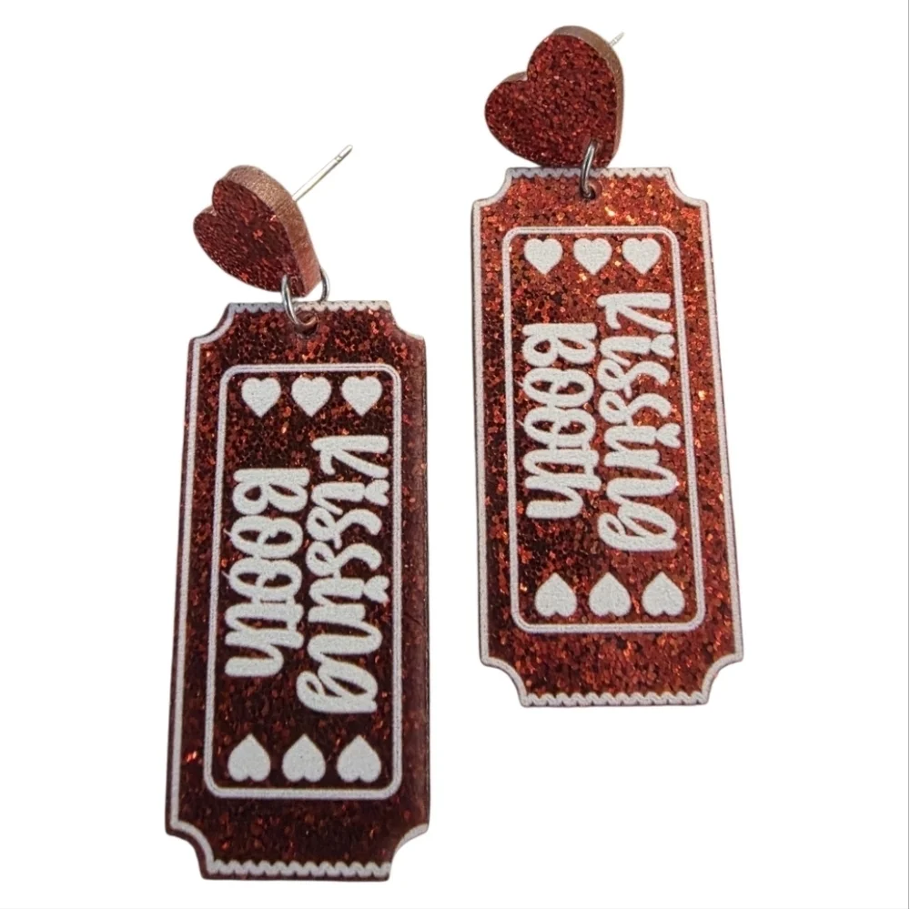 👋 Red Glitter Kissing Booth Ticket Dangle Earrings | Mix And Match 3/$20